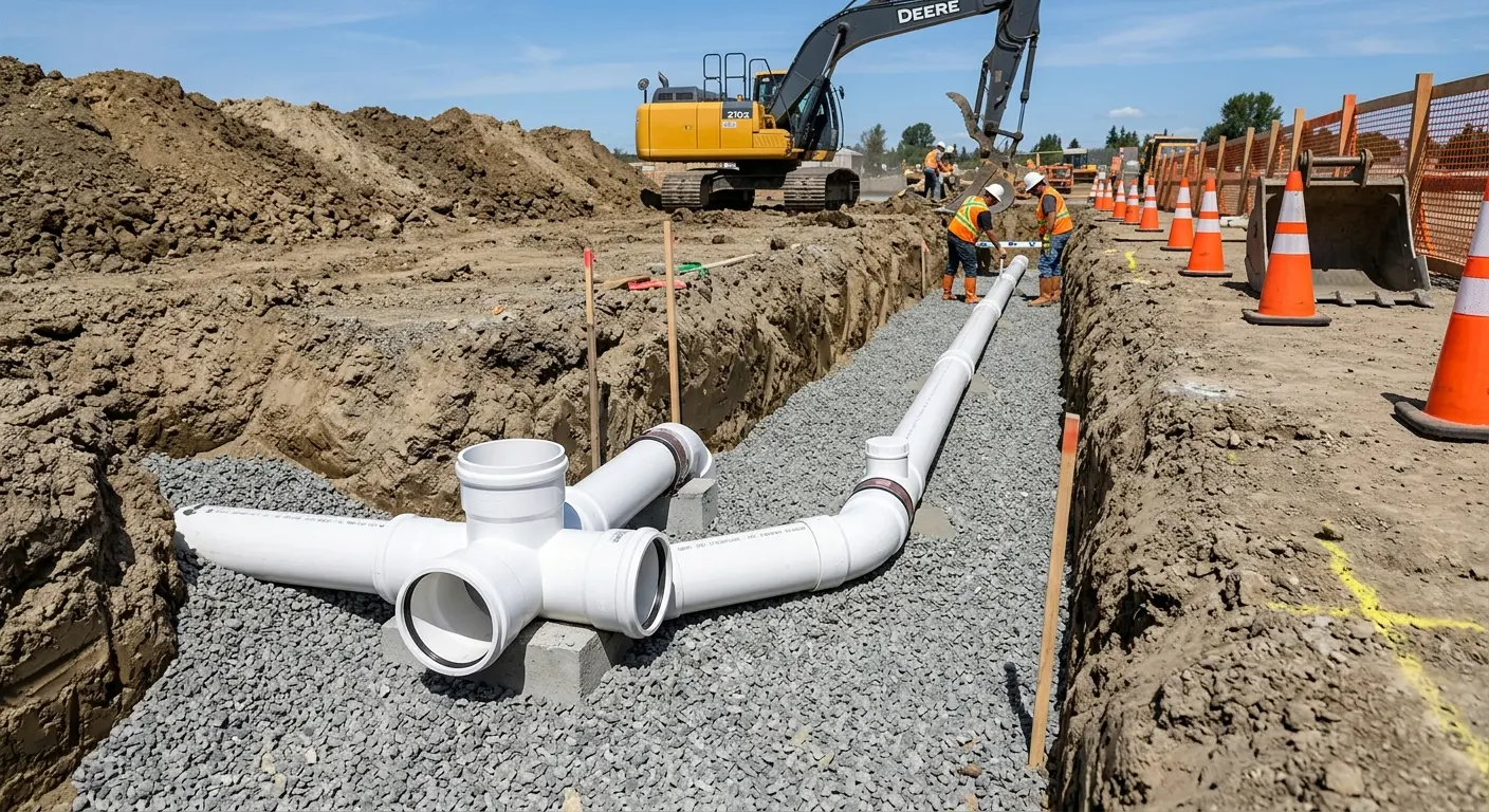 New PVC sewer pipe installation in open trench for Sewer Backup in North Little Rock