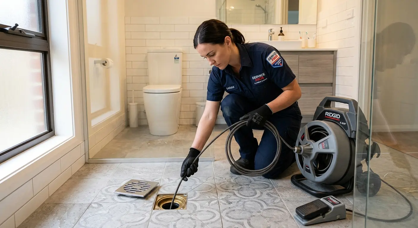 Technician clearing a bathroom floor drain for Sewer Line Installation in North Little Rock
